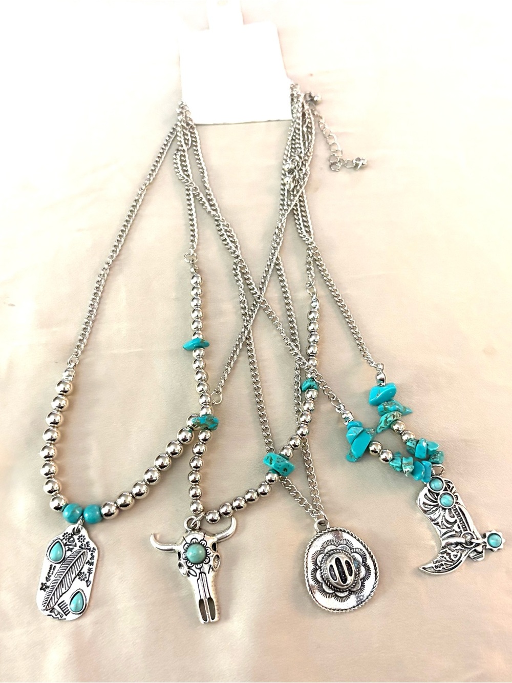 Set of 4 Silver-Tone Turquoise Accent Pendant Necklaces. NWT.